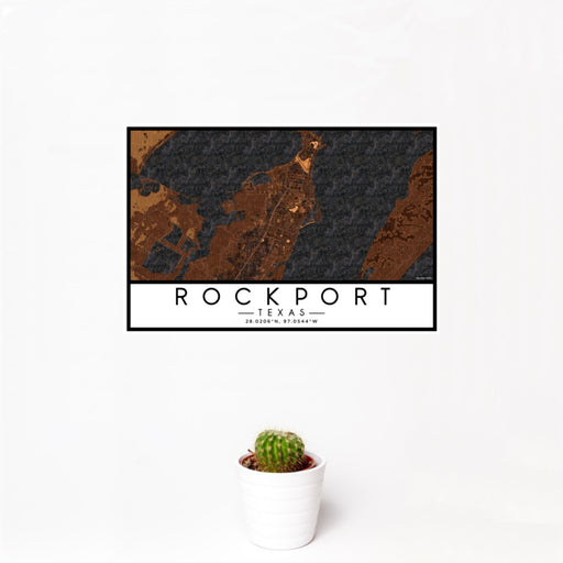 12x18 Rockport Texas Map Print Landscape Orientation in Ember Style With Small Cactus Plant in White Planter