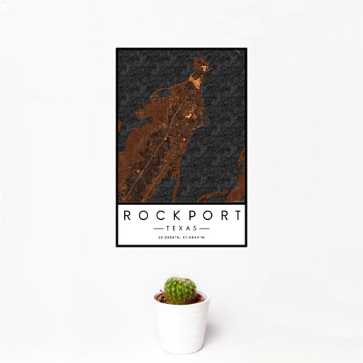 12x18 Rockport Texas Map Print Portrait Orientation in Ember Style With Small Cactus Plant in White Planter