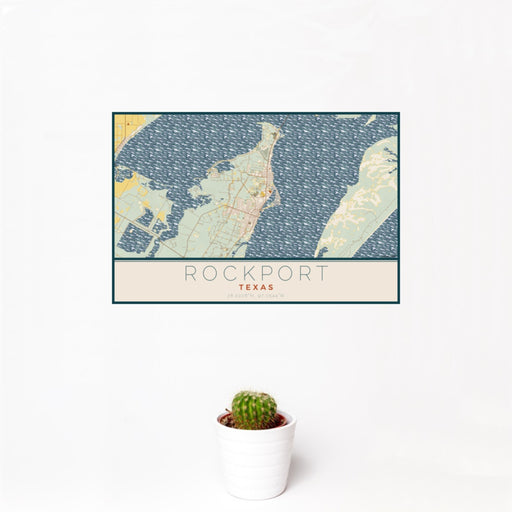 12x18 Rockport Texas Map Print Landscape Orientation in Woodblock Style With Small Cactus Plant in White Planter
