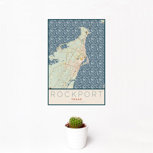 12x18 Rockport Texas Map Print Portrait Orientation in Woodblock Style With Small Cactus Plant in White Planter
