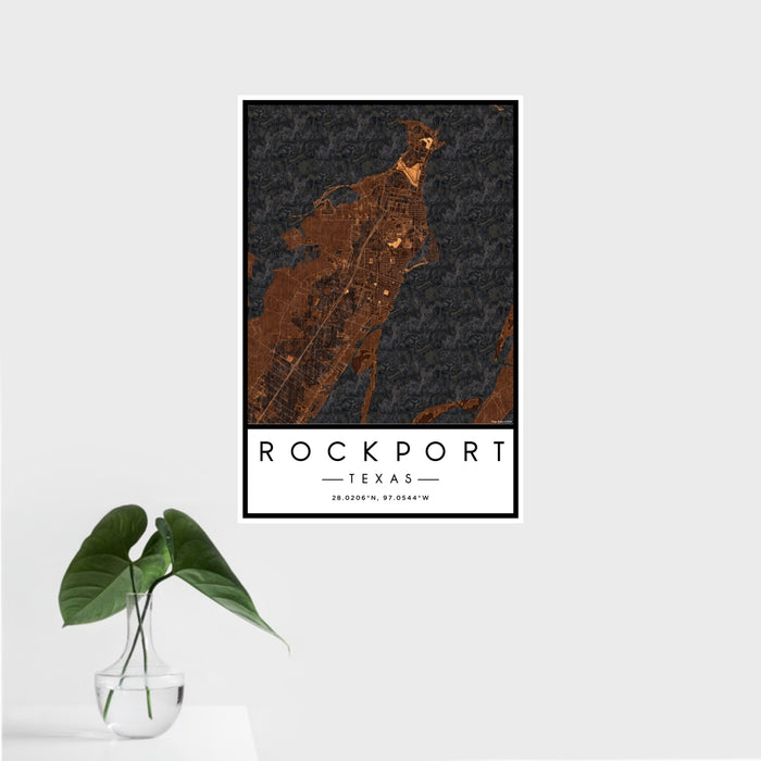 16x24 Rockport Texas Map Print Portrait Orientation in Ember Style With Tropical Plant Leaves in Water
