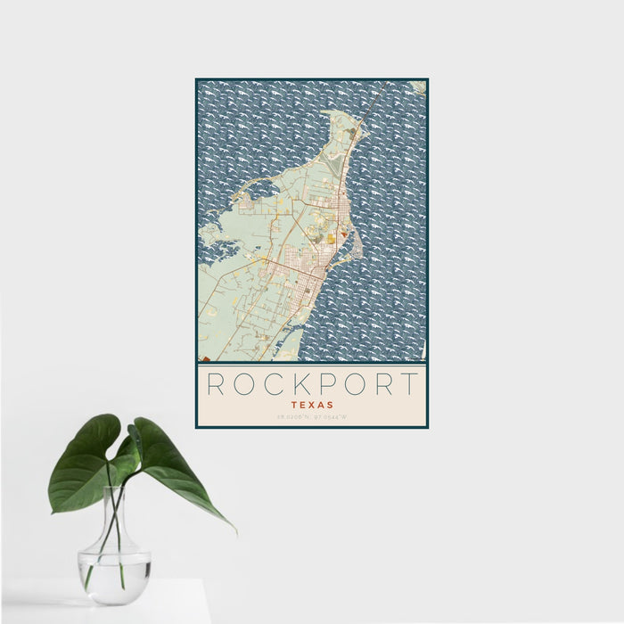 16x24 Rockport Texas Map Print Portrait Orientation in Woodblock Style With Tropical Plant Leaves in Water