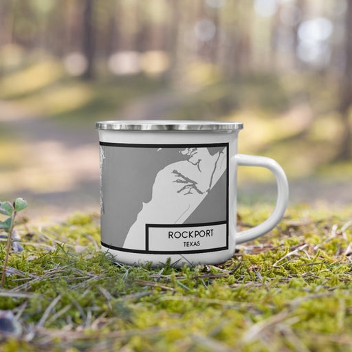 Right View Custom Rockport Texas Map Enamel Mug in Classic on Grass With Trees in Background