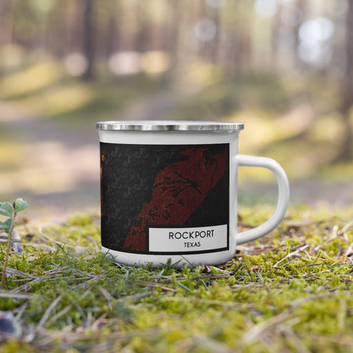 Right View Custom Rockport Texas Map Enamel Mug in Ember on Grass With Trees in Background