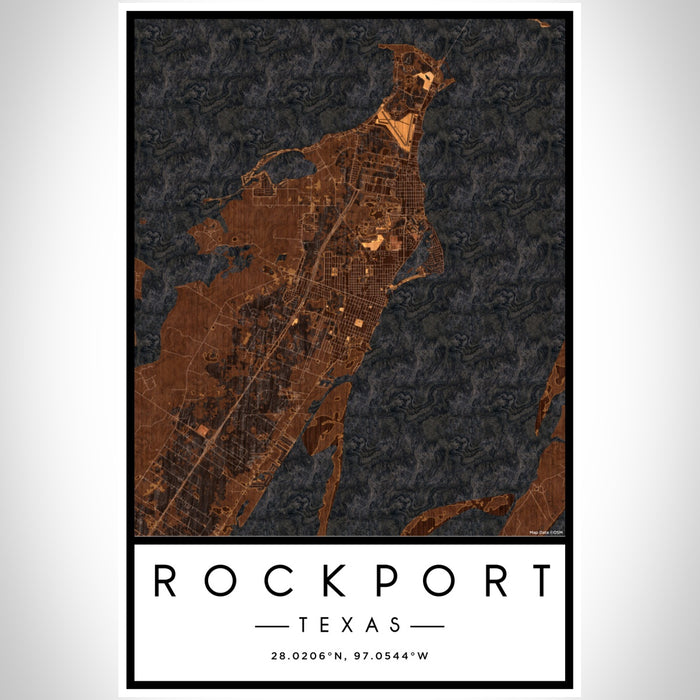Rockport Texas Map Print Portrait Orientation in Ember Style With Shaded Background