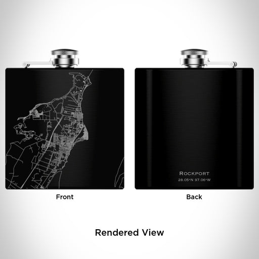 Rendered View of Rockport Texas Map Engraving on 6oz Stainless Steel Flask in Black