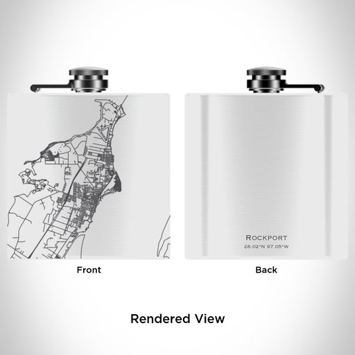 Rendered View of Rockport Texas Map Engraving on 6oz Stainless Steel Flask in White