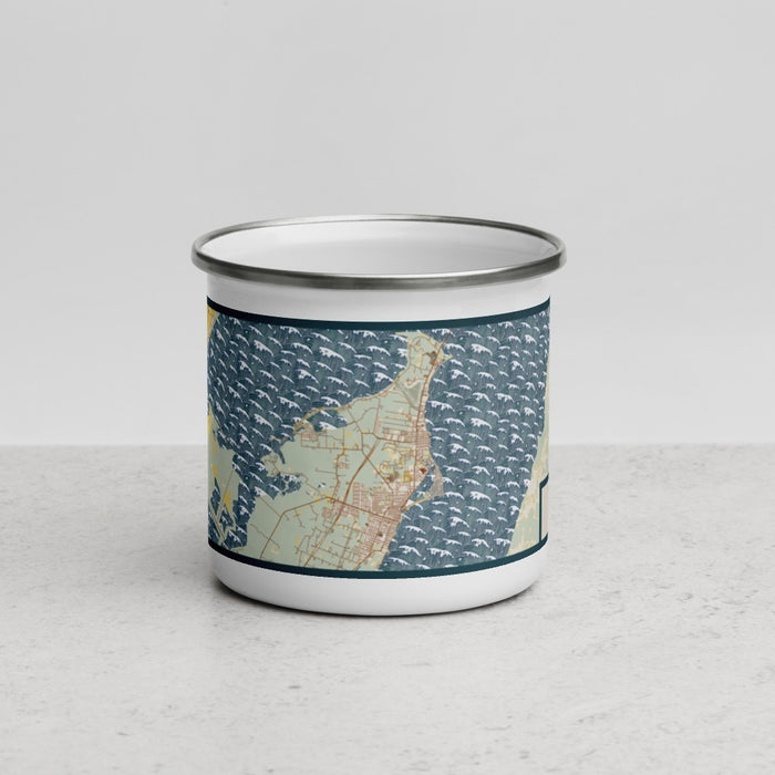 Front View Custom Rockport Texas Map Enamel Mug in Woodblock