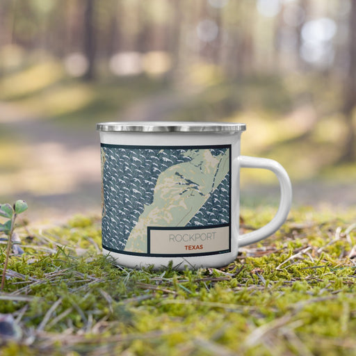 Right View Custom Rockport Texas Map Enamel Mug in Woodblock on Grass With Trees in Background