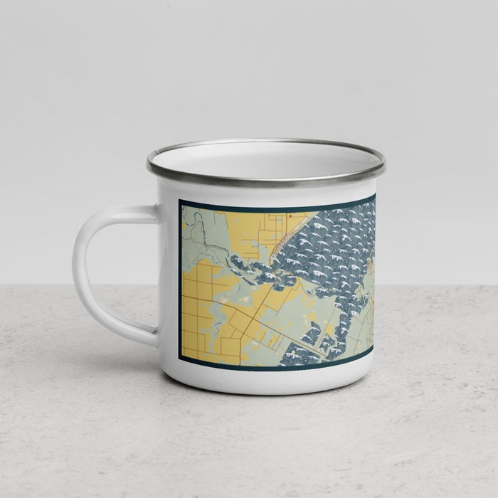 Left View Custom Rockport Texas Map Enamel Mug in Woodblock