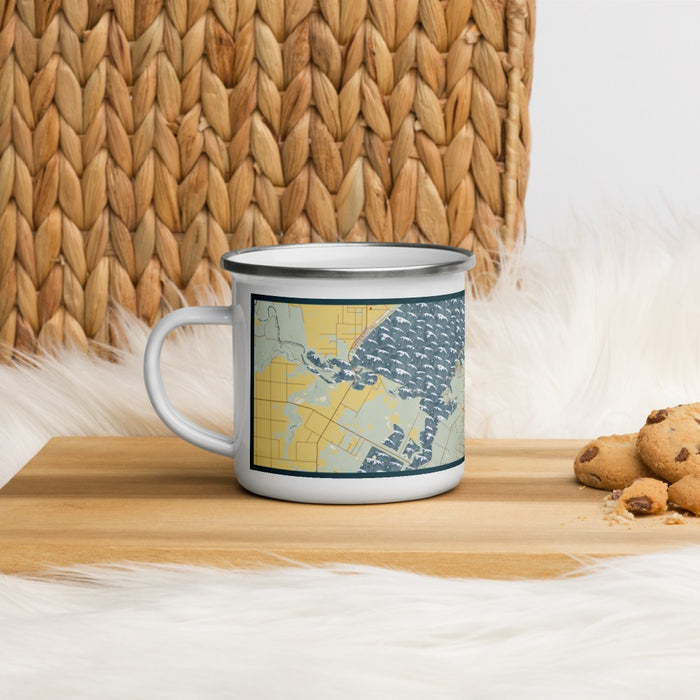 Left View Custom Rockport Texas Map Enamel Mug in Woodblock on Table Top