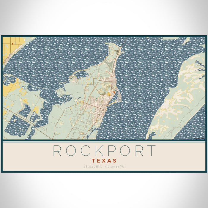 Rockport Texas Map Print Landscape Orientation in Woodblock Style With Shaded Background