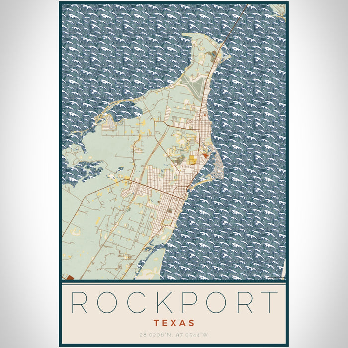 Rockport Texas Map Print Portrait Orientation in Woodblock Style With Shaded Background
