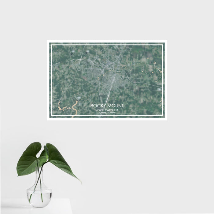 16x24 Rocky Mount North Carolina Map Print Landscape Orientation in Afternoon Style With Tropical Plant Leaves in Water