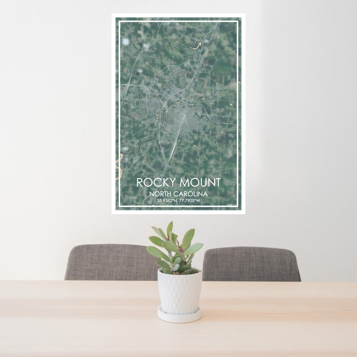 24x36 Rocky Mount North Carolina Map Print Portrait Orientation in Afternoon Style Behind 2 Chairs Table and Potted Plant