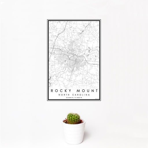 12x18 Rocky Mount North Carolina Map Print Portrait Orientation in Classic Style With Small Cactus Plant in White Planter