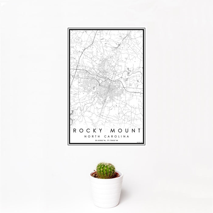12x18 Rocky Mount North Carolina Map Print Portrait Orientation in Classic Style With Small Cactus Plant in White Planter