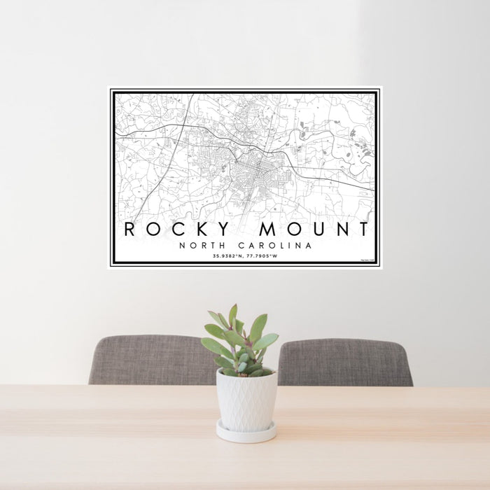 24x36 Rocky Mount North Carolina Map Print Landscape Orientation in Classic Style Behind 2 Chairs Table and Potted Plant