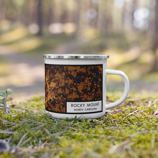 Right View Custom Rocky Mount North Carolina Map Enamel Mug in Ember on Grass With Trees in Background