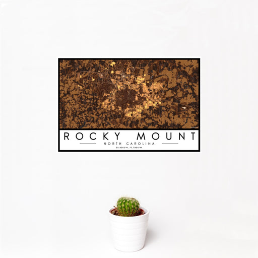12x18 Rocky Mount North Carolina Map Print Landscape Orientation in Ember Style With Small Cactus Plant in White Planter