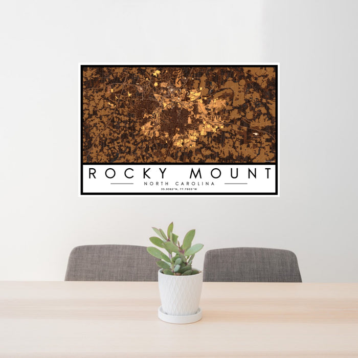 24x36 Rocky Mount North Carolina Map Print Landscape Orientation in Ember Style Behind 2 Chairs Table and Potted Plant