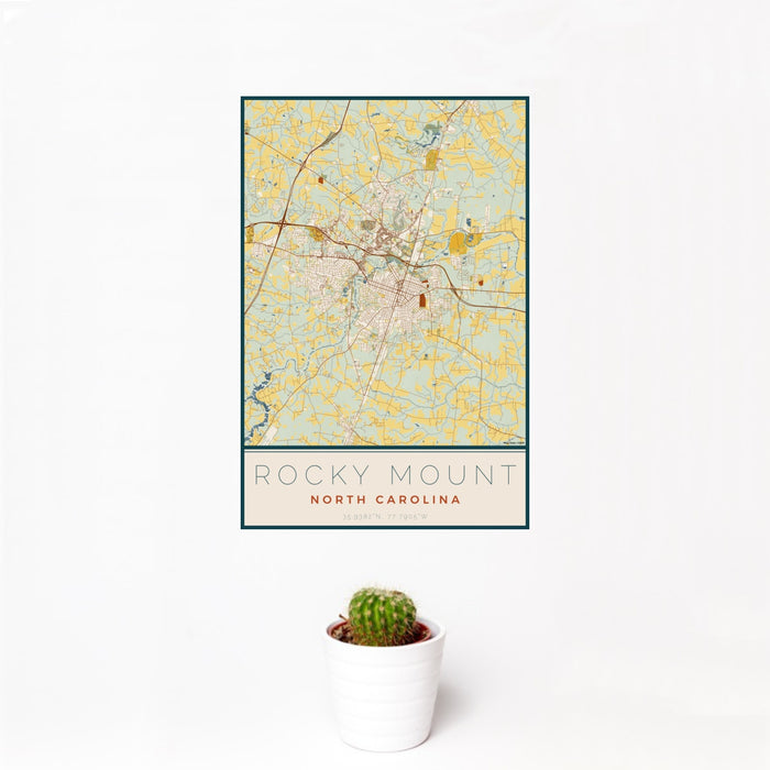 12x18 Rocky Mount North Carolina Map Print Portrait Orientation in Woodblock Style With Small Cactus Plant in White Planter