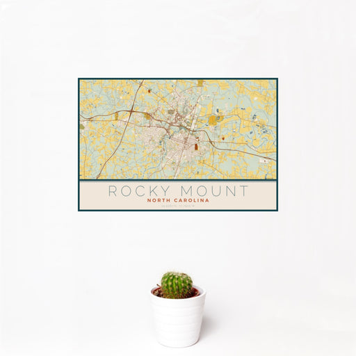 12x18 Rocky Mount North Carolina Map Print Landscape Orientation in Woodblock Style With Small Cactus Plant in White Planter