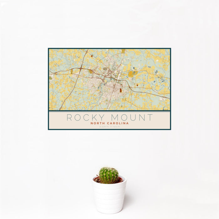 12x18 Rocky Mount North Carolina Map Print Landscape Orientation in Woodblock Style With Small Cactus Plant in White Planter