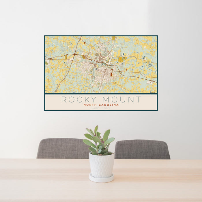 24x36 Rocky Mount North Carolina Map Print Landscape Orientation in Woodblock Style Behind 2 Chairs Table and Potted Plant