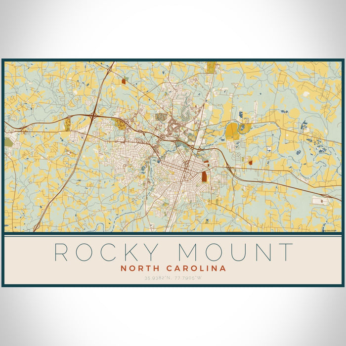 Rocky Mount North Carolina Map Print Landscape Orientation in Woodblock Style With Shaded Background