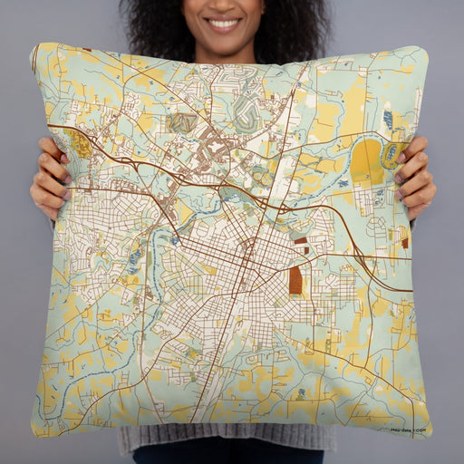 Person holding 22x22 Custom Rocky Mount North Carolina Map Throw Pillow in Woodblock