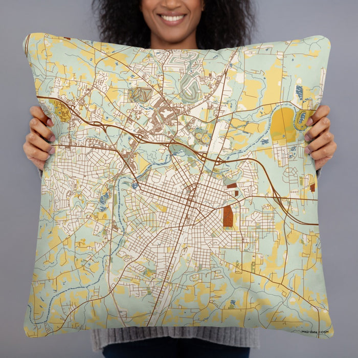 Person holding 22x22 Custom Rocky Mount North Carolina Map Throw Pillow in Woodblock