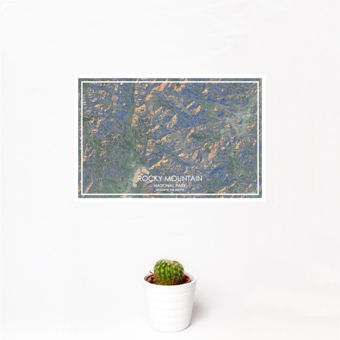 12x18 Rocky Mountain National Park Map Print Landscape Orientation in Afternoon Style With Small Cactus Plant in White Planter
