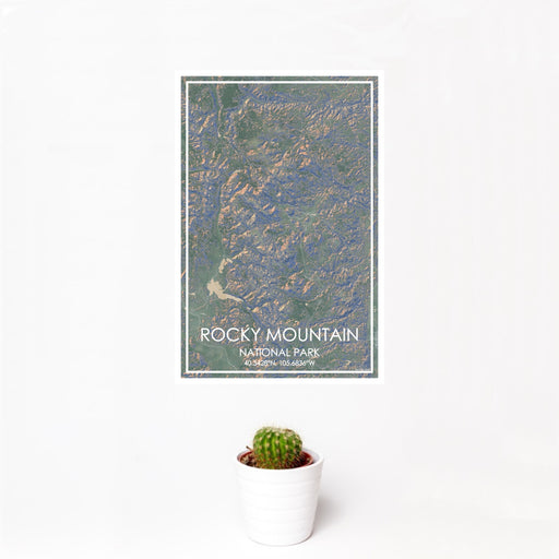 12x18 Rocky Mountain National Park Map Print Portrait Orientation in Afternoon Style With Small Cactus Plant in White Planter