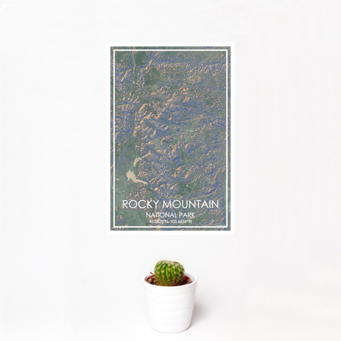 12x18 Rocky Mountain National Park Map Print Portrait Orientation in Afternoon Style With Small Cactus Plant in White Planter
