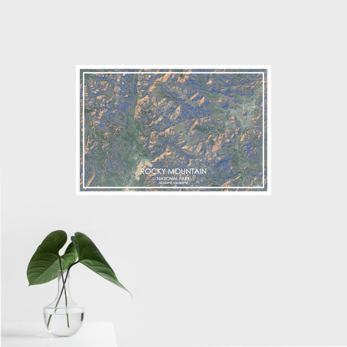 16x24 Rocky Mountain National Park Map Print Landscape Orientation in Afternoon Style With Tropical Plant Leaves in Water
