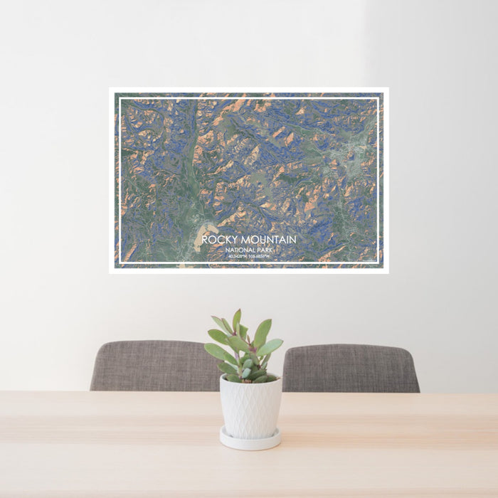 24x36 Rocky Mountain National Park Map Print Lanscape Orientation in Afternoon Style Behind 2 Chairs Table and Potted Plant