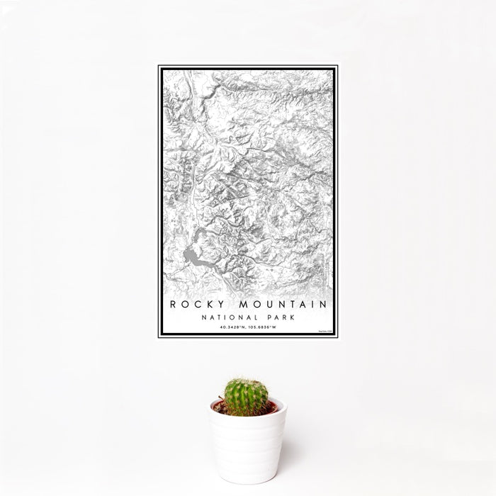12x18 Rocky Mountain National Park Map Print Portrait Orientation in Classic Style With Small Cactus Plant in White Planter