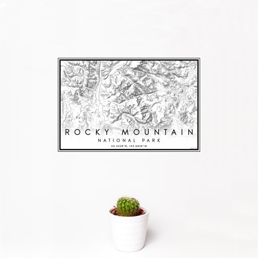 12x18 Rocky Mountain National Park Map Print Landscape Orientation in Classic Style With Small Cactus Plant in White Planter
