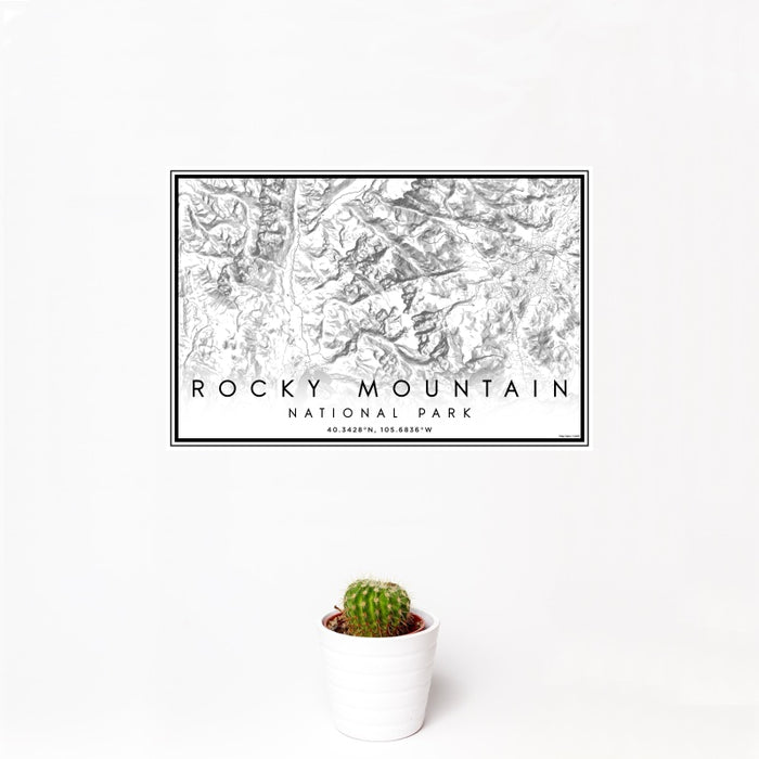 12x18 Rocky Mountain National Park Map Print Landscape Orientation in Classic Style With Small Cactus Plant in White Planter