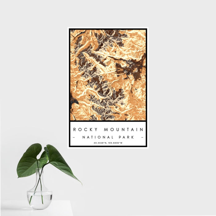 16x24 Rocky Mountain National Park Map Print Portrait Orientation in Ember Style With Tropical Plant Leaves in Water