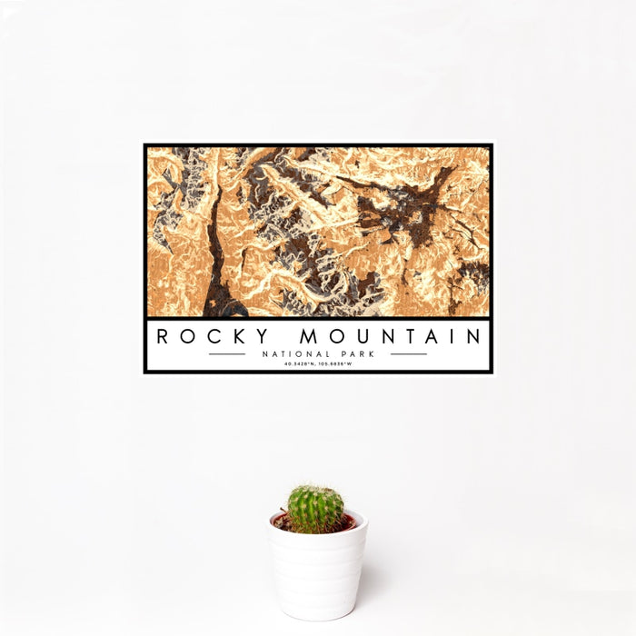 12x18 Rocky Mountain National Park Map Print Landscape Orientation in Ember Style With Small Cactus Plant in White Planter
