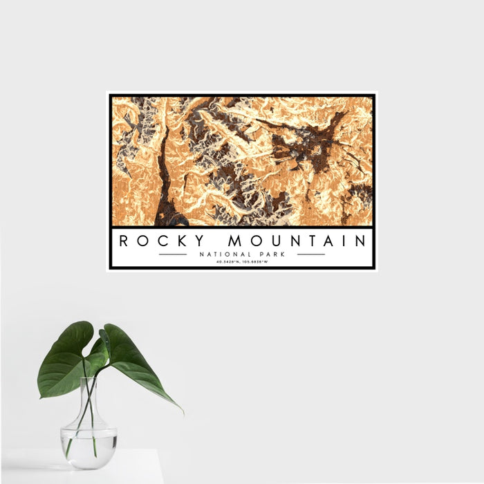 16x24 Rocky Mountain National Park Map Print Landscape Orientation in Ember Style With Tropical Plant Leaves in Water