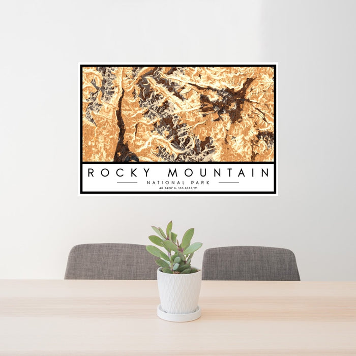 24x36 Rocky Mountain National Park Map Print Landscape Orientation in Ember Style Behind 2 Chairs Table and Potted Plant