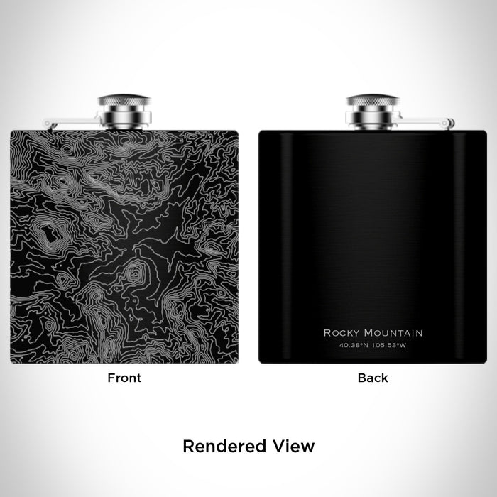 Rendered View of Rocky Mountain National Park Map Engraving on 6oz Stainless Steel Flask in Black