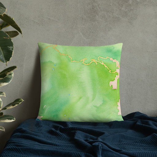 Custom Rocky Mountain National Park Map Throw Pillow in Watercolor on Bedding Against Wall