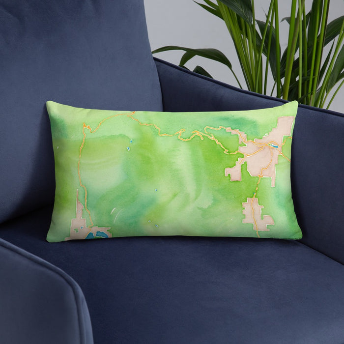Custom Rocky Mountain National Park Map Throw Pillow in Watercolor on Blue Colored Chair