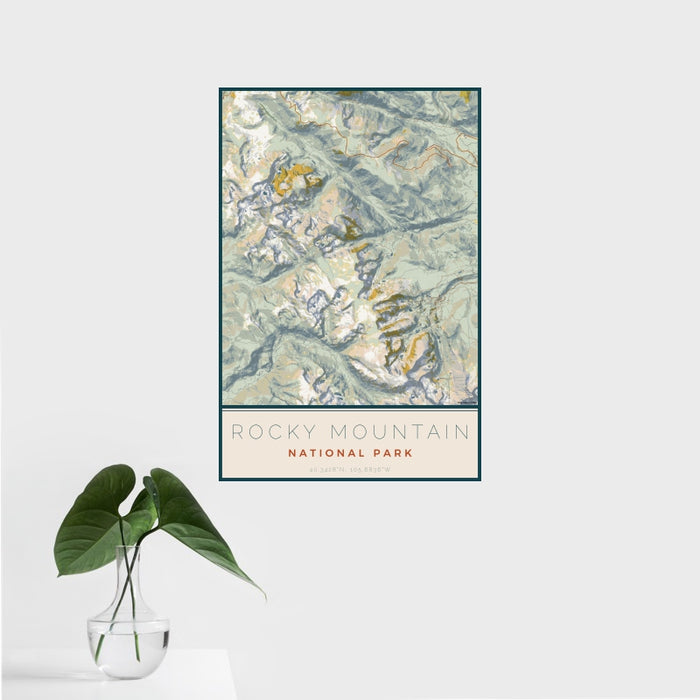 16x24 Rocky Mountain National Park Map Print Portrait Orientation in Woodblock Style With Tropical Plant Leaves in Water