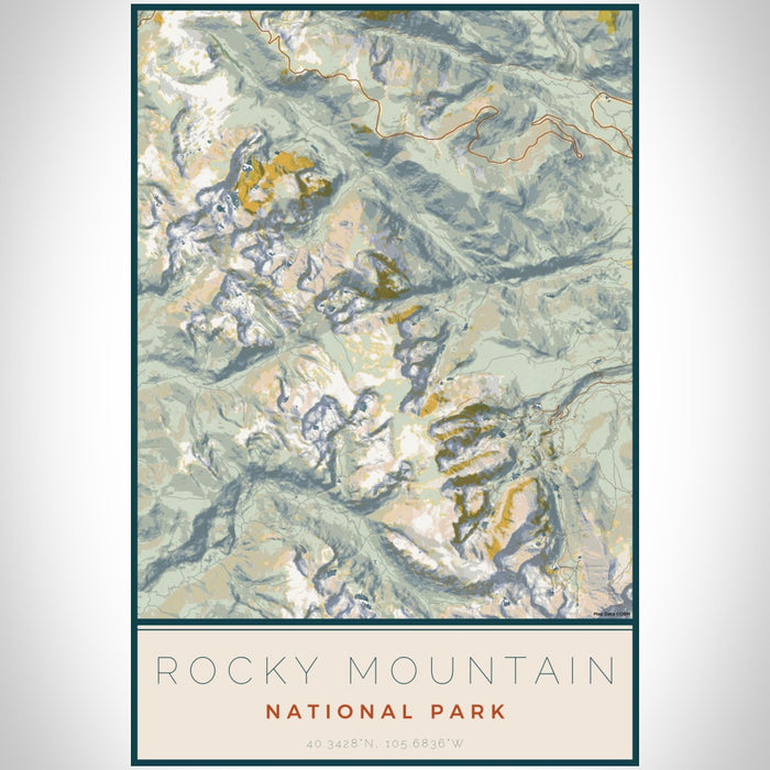 Rocky Mountain National Park Map Print Portrait Orientation in Woodblock Style With Shaded Background