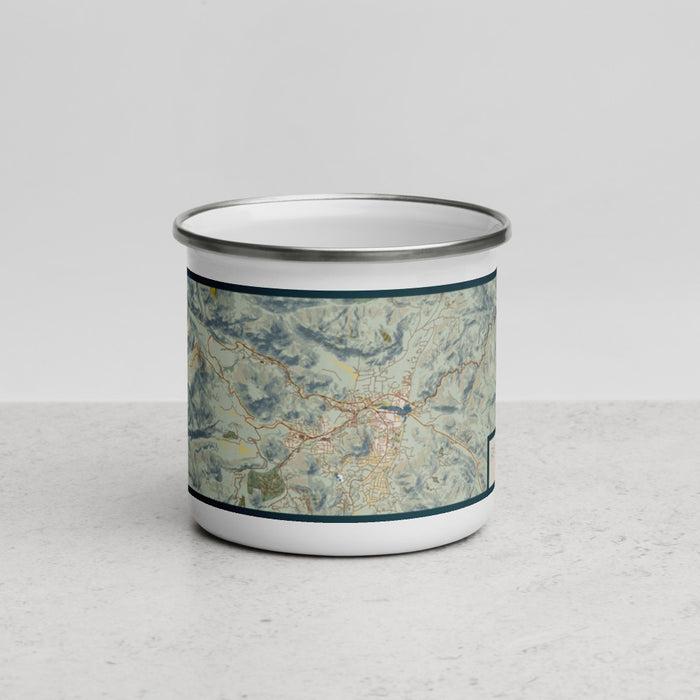 Front View Custom Rocky Mountain National Park Map Enamel Mug in Woodblock